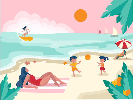 People spending their holidays on the beachのイラスト素材