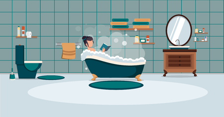 A man washes in the bathroom with foam. Bathroom interior. Vector illustration.のイラスト素材