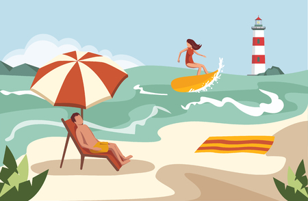 People spend their holidays on the beach under the palm treesのイラスト素材