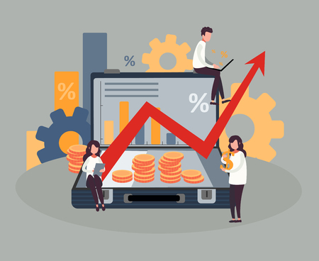 People do business, watch graphs and calculate profits. Vector illustration.のイラスト素材