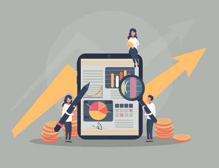 People do business, watch graphs and calculate profits. Vector illustration.のイラスト素材