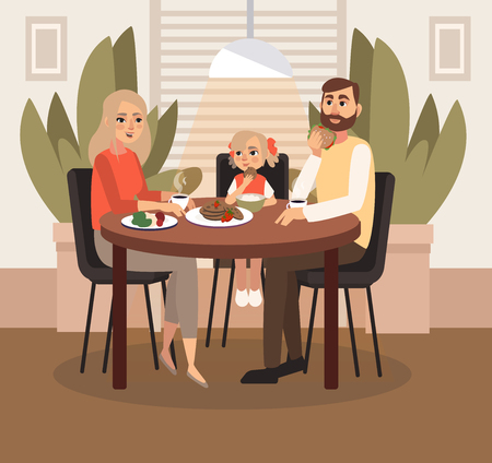 A married couple with a child is having breakfast. Vector illustration.のイラスト素材