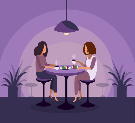 Young girls are sitting in a bar and drinking cocktails. Vector illustrationのイラスト素材