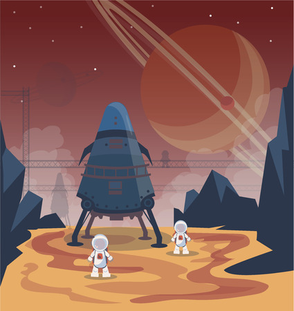 The man on Mars. Against the background of shuttles, spacecraft and satellites. Vector illustration.のイラスト素材