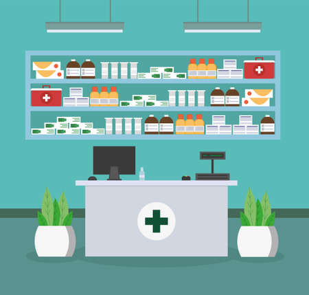 Pharmacy with medicines. flat style.のイラスト素材