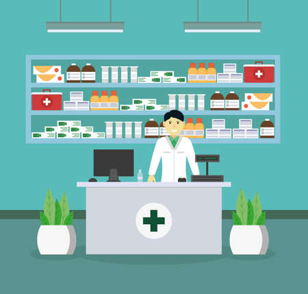 Pharmacy with medicines and pharmacist. flat style.のイラスト素材
