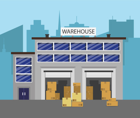 Warehouse building, logical center against the backdrop of the city. With cargo and transport.のイラスト素材