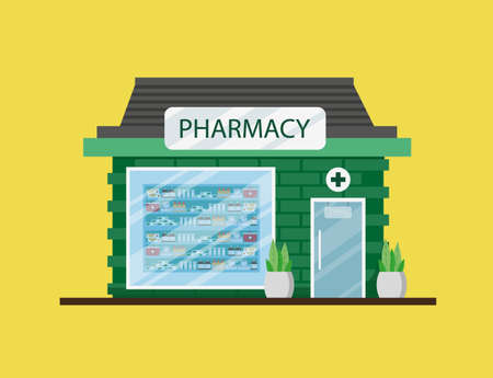 Pharmacy building in flat style with a showcase.のイラスト素材