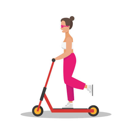 A woman rides an electric scooter. Flat style illustration.のイラスト素材