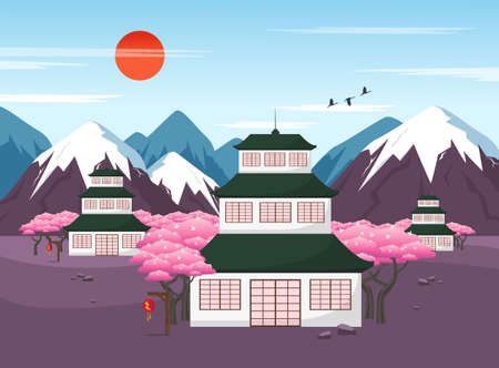 Bright Japanese landscape in flat style. vector illustration.のイラスト素材