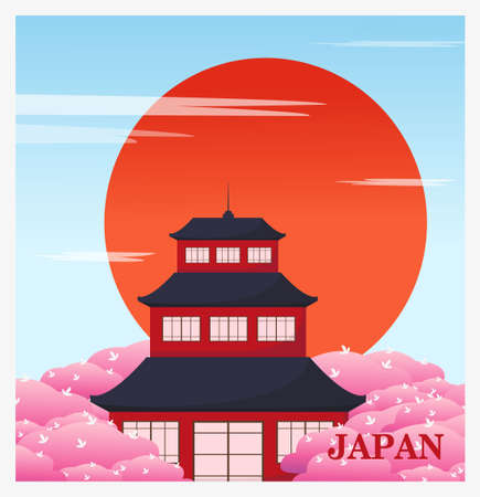 Postcard with bright Japanese landscape. vector illustration.のイラスト素材