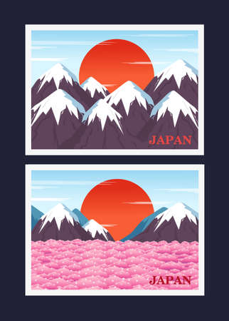 A postcard set with a vibrant Japanese landscape. vector illustration.のイラスト素材