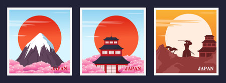 A postcard set with a vibrant Japanese landscape. vector illustration.のイラスト素材