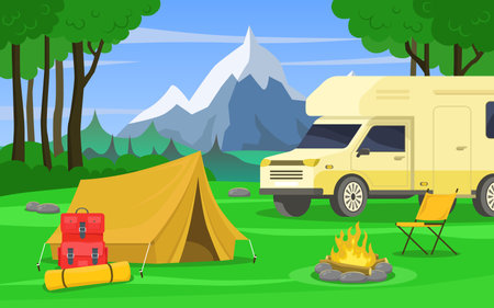 Camping on nature vector illustration in flat cartoon style. Camping on nature background.のイラスト素材