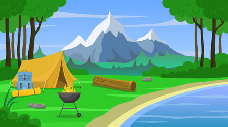 Camping vector illustration. Camping on the river bank. Vector illustration.のイラスト素材