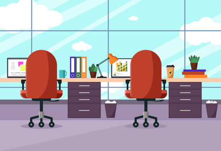 Office interior with furniture and equipment. Vector illustration in flat style.のイラスト素材