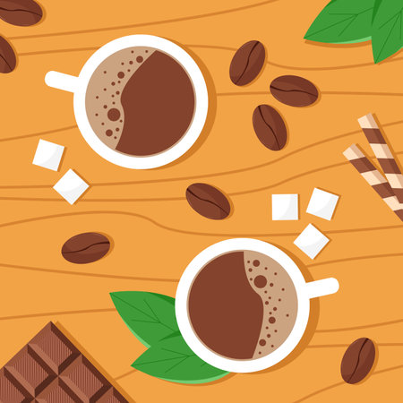 Background with cups of coffee and sweets. Flat style.のイラスト素材