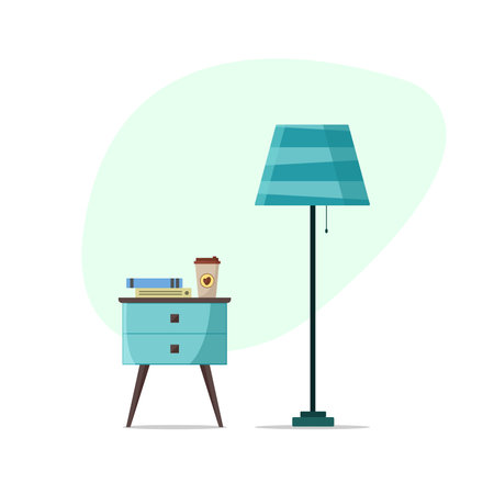 Illustration of a nightstand with a lamp, books and coffee. Flat style vector.のイラスト素材