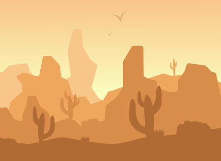 Desert landscape with cacti. Gradient sky. Vector illustration.のイラスト素材