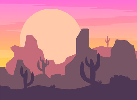 Sunset in the desert with cactuses. Vector illustration.のイラスト素材