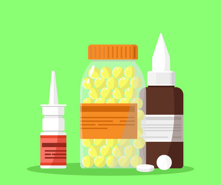 Pills and medicines in bottles. Set of medicines. Vector illustration in flat style.のイラスト素材
