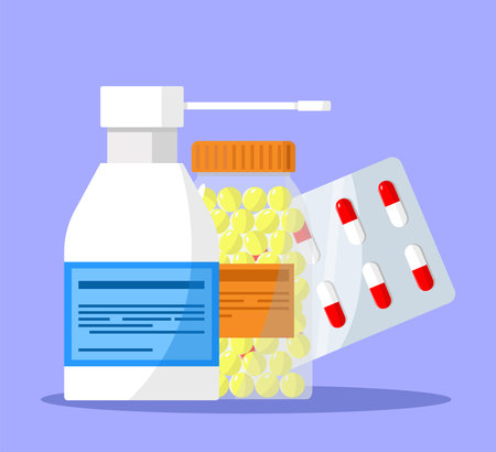 Pills and bottles with medicines. Set of medications. Vector illustration.のイラスト素材