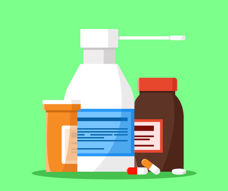 Set of medications. Pills and bottles with medicines. Vector illustration.のイラスト素材