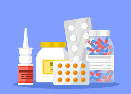 Set of medicines. Pills, tablets and bottles. Vector illustration in flat style.のイラスト素材