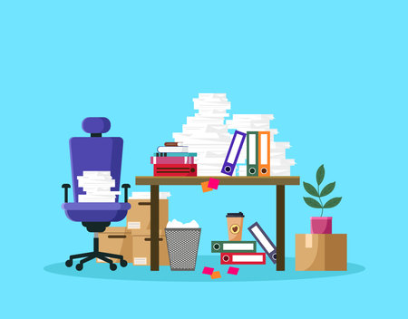 Office workplace. Workplace with chair, books, folders, coffee cup and plant. Vector illustration.のイラスト素材