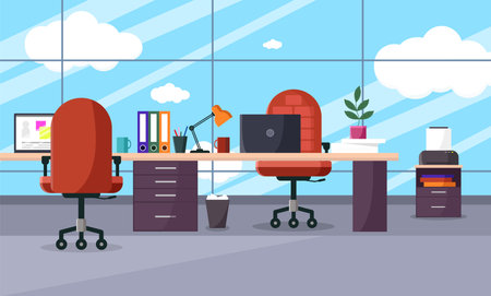 Office interior with furniture and equipment. Vector illustration in flat style.のイラスト素材