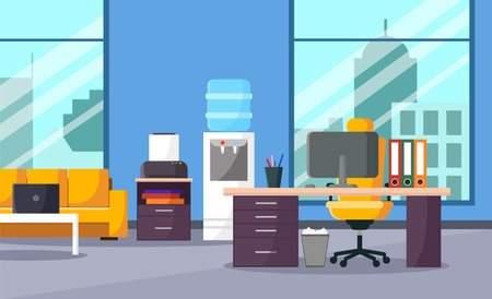 Office interior with furniture and equipment. Vector illustration in flat style.のイラスト素材