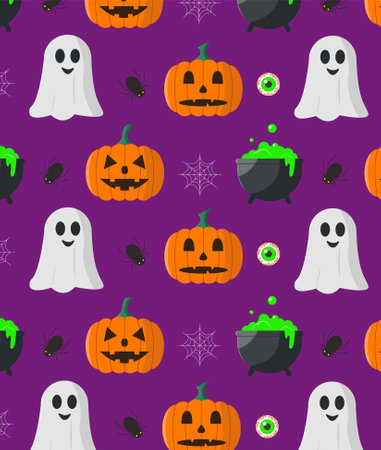 Seamless pattern with Halloween elements. Pumpkin, ghost and witch potion. Vector illustration.のイラスト素材