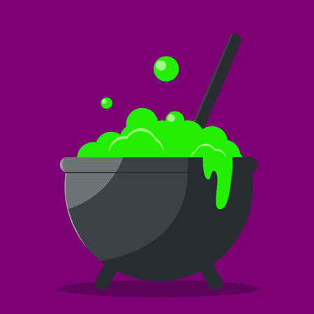 Cauldron with green potion. Concept for Halloween. Vector illustration in flat design style.のイラスト素材