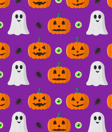 Seamless pattern with Halloween pumpkins and ghosts. Vector illustration.のイラスト素材