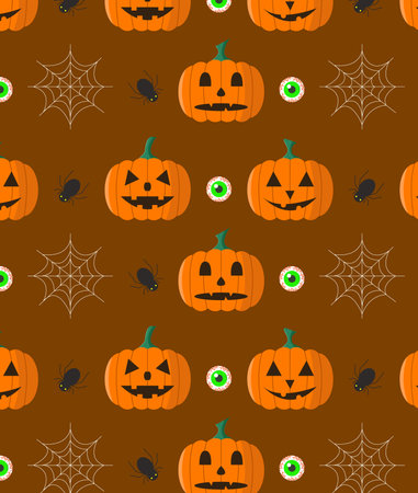 Seamless pattern with pumpkins, spiders, webs and eyes. Halloween background. Vector.のイラスト素材
