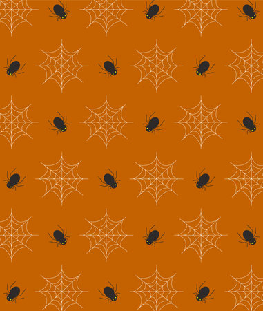 Seamless pattern with spiders and web on orange background. Halloween. Vector illustration.のイラスト素材