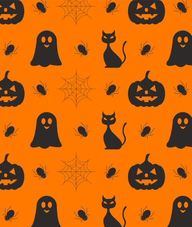 Halloween themed seamless pattern with spiders, cats, pumpkins and ghosts on orange background.のイラスト素材