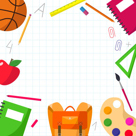 School supplies on checkered background. Back to school. Vector illustration.のイラスト素材