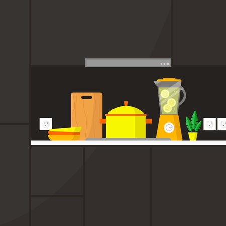 Kitchen interior. Furniture and utensils. Flat style vector illustration.のイラスト素材