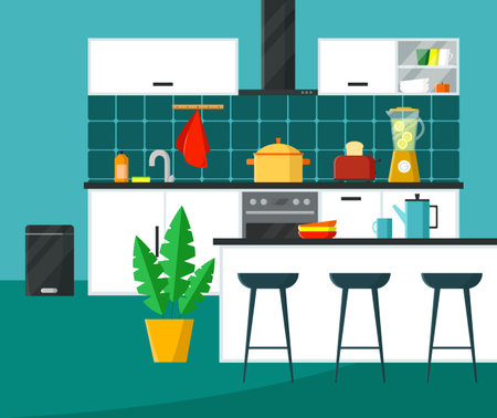 Kitchen interior with furniture and equipment. Flat design vector illustration.のイラスト素材