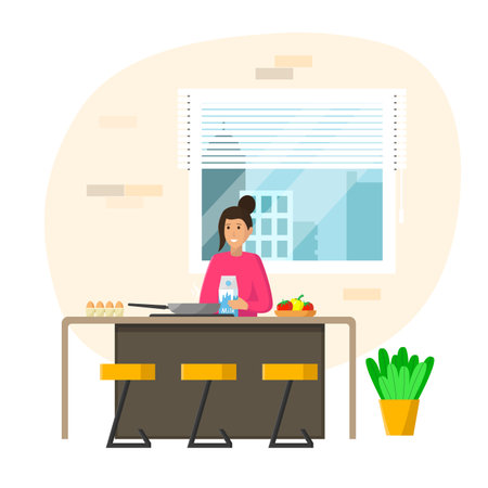 Young woman cooking in the kitchen. Vector illustration in flat style.のイラスト素材