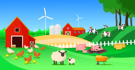 Farm animals vector illustration. Cartoon farm landscape with cows, pigs, sheep and chickens.のイラスト素材