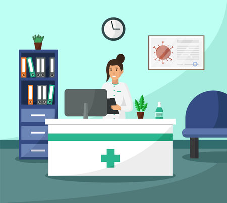 Doctor at the reception desk. Vector illustration in flat design style.のイラスト素材