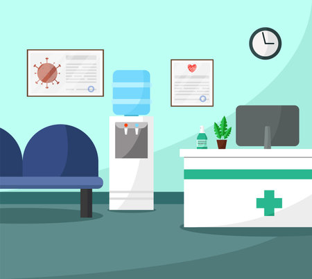 Medical office interior with reception desk and computer. Flat style vector illustration.のイラスト素材
