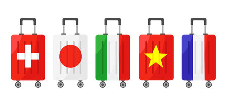 Suitcases with flags of different countries. Business, tourism and travel concept.のイラスト素材