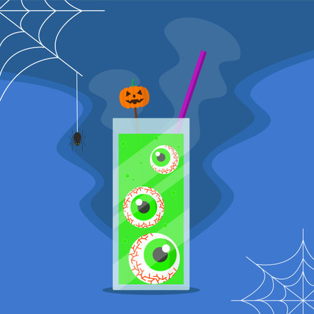 Halloween cocktail with green eyes, pumpkin and straw. Drink ideas for holidays and parties.のイラスト素材