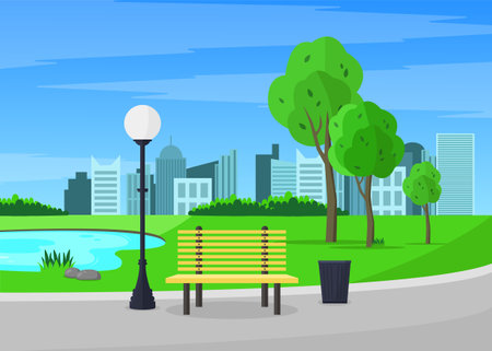 City park with bench, lamppost and pond. Concept of rest and walks. Vector illustration.のイラスト素材