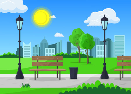 City park with benches and street lamps on the background of buildings. Vector illustration.のイラスト素材