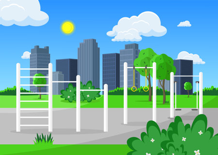 City park with workout area in the city center. Sports and recreation concept.のイラスト素材