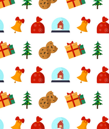 Seamless Christmas pattern with gifts, trees and other objects. Christmas colorful concept.のイラスト素材